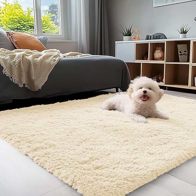 OLANLY 3x5 Machine Washable Small Bedside Rug, Soft Fluffy Shaggy Rugs for Living Room, Bedroom, Indoor Floor Carpet for Kids Girls and Boys, Preppy Dorms, Nursery, Home Decor Aesthetic, Cream