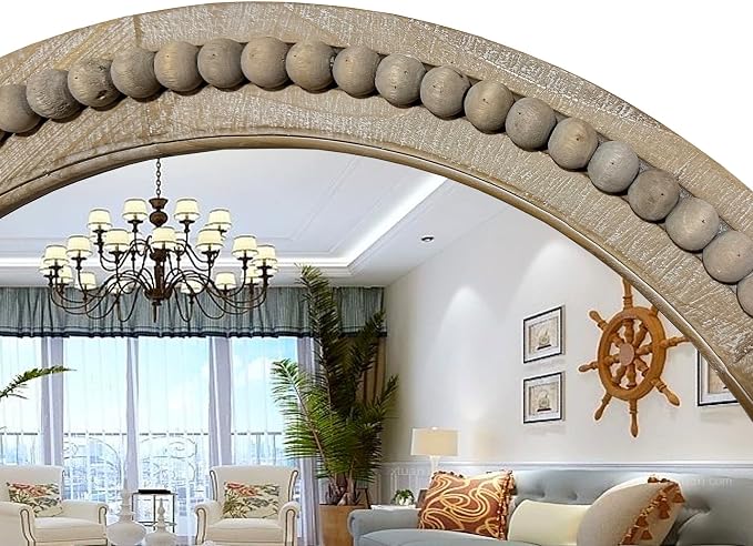 dwellington Rustic Round 24 Inch Wood Wall Circle Mirror with Beads, Decorative Farmhouse Mirror for Living Room, Bedroom, Kitchen, Entryway (Natural)