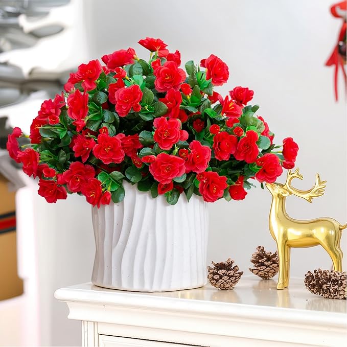 Ivydale Artificial Faux Red Flowers Plants for Outdoor Outside Winter Christmas Decor, Fake Silk Camellia UV Resistant Look Real for Planter Porch Patio Balcony Garden Table Indoor, 3 Large Bundles
