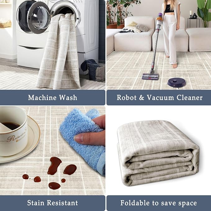 5x7 Area Rugs - Ultra-Thin Washable Rug with Non-Slip Backing, Ideal for Living Room, Bedroom, Kitchen Floor Carpet - Modern Neutral Style, Easy Clean, Durable, Low Pile Rug, Ivory Stripe