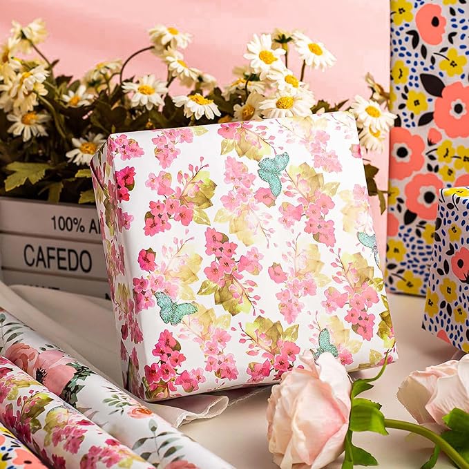 MAYPLUSS Floral Wrapping Paper Roll - 17x120 Inch, 3 Rolls - Multi-purpose, Perfect for Gift Wrap, Wedding, Birthday, Mother's Day