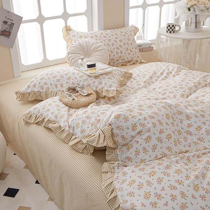 Girls Ruffle Duvet Cover Twin Chic Floral Lace Duvet Cover 100% Cotton Flower Bedding Set Romantic Ruffle Comforter Cover Girls Princess Bedding Set Vintage Floral Botanical Comforter Cover Twin