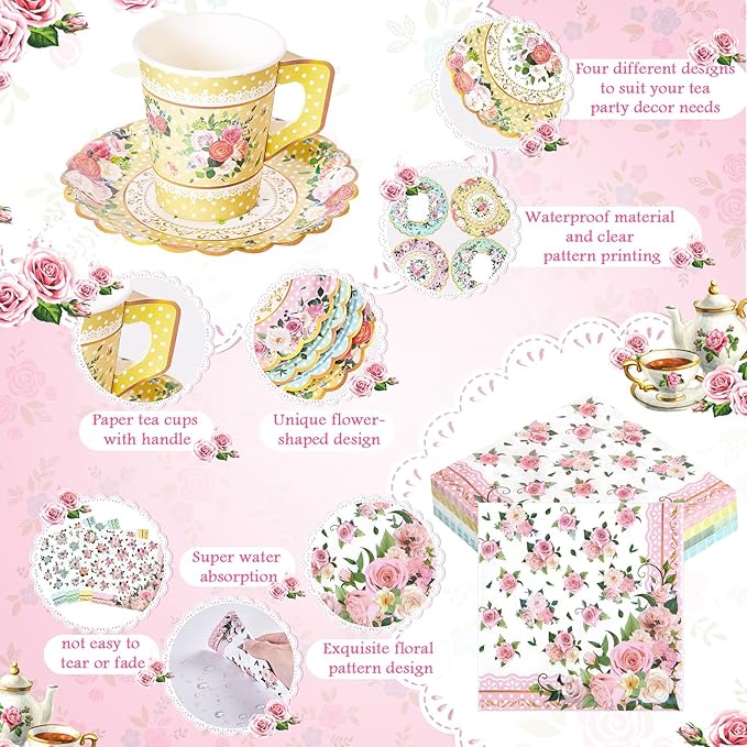 180 Pcs Floral Paper Tea Cups and Plates 9 OZ Disposable Paper TeaCups and Saucers with Tea Party Napkins Set for Tea Party Decoration Birthday Wedding Bridal Shower Party Supplies