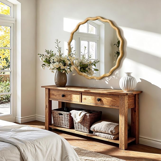AMOISE Scalloped Round Mirror 28", Boho Wavy Wooden Frame Wall Mirror, Shatterproof Circle Accent Mirror for Bathroom, Bedroom, Entryway and Living Room