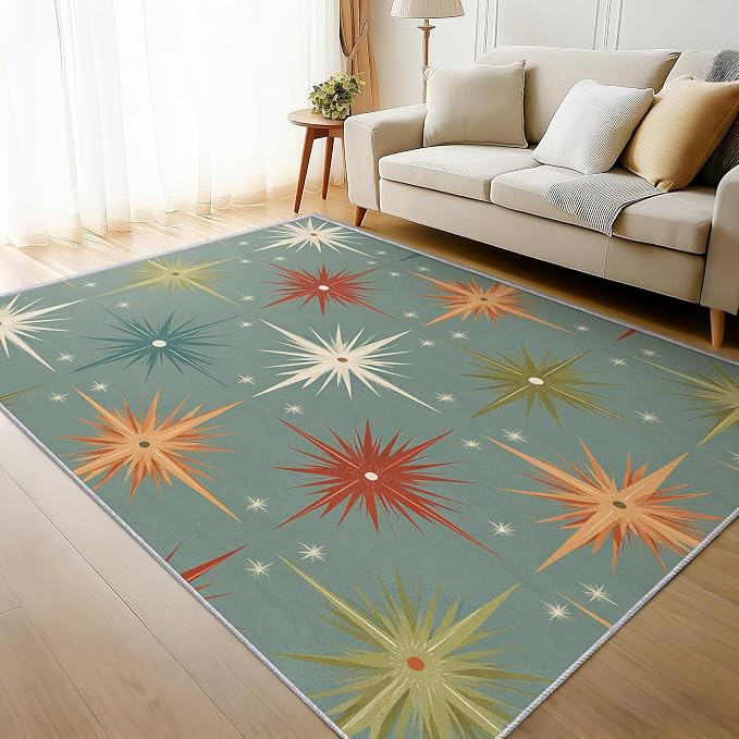 Mid Century Modern Rugs for Living Room Decor, 7x9 ft, Retro Atomic Geometric Area Rugs for Bedroom, Soft Non Slip Washable 1950s MCM Starburst Carpet Home Decorations D-g48