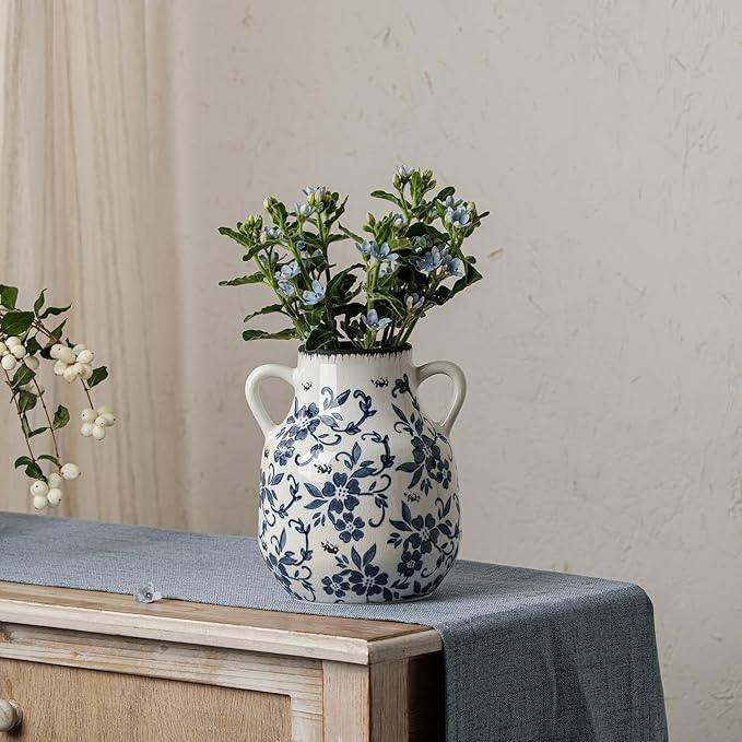 Blue and White Vintage Round Flower Vase with 2 Handles, Chinoiserie Floral Vase, Retro Ice Cracked Ceramic Large Vases for Home Decor, Living Room, Grand Millennial Chinoiserie Decor, 7.7 Inch