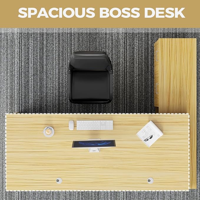 Modern L-Shaped Executive Desk，Office Desk with Spacious Desktop,Large Storage, Wood Construction,Cable Management for Home and Office (Light Walnut/Left Cabinet, 78.7" L*31.5" W*29.5" H)