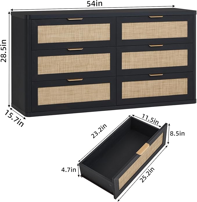 LEYAOYAO Rattan 6 Drawer Dresser for Bedroom Set of 2, Boho 54" Wide Black Dresser Chest of Drawers, Dressers TV Stand with Metal Handle, Storage Dressers Closet Organizer for Living Room, Hallway