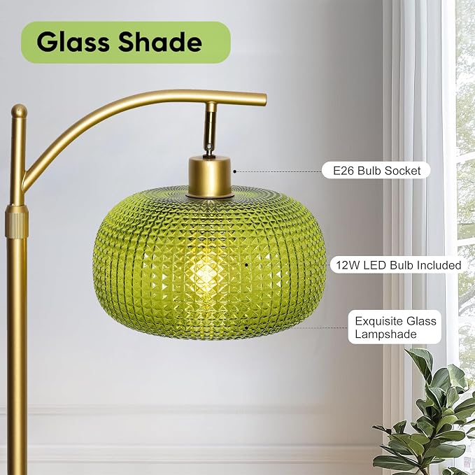 Glass Floor Lamp for Living Room, Modern Standing Lamp for Bedroom, Dimmable Tall Lamp with Shade, Remote,12W LED Bulb Included (Gold+Green)