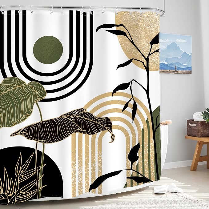 Glawry Green Gold Abstract Mid Century Shower Curtain Boho Retro Tropical Palm Sun Arch Minimalist Bathroom Modern Aesthetic Geometric 60Wx72L Inches Bath Accessories Home Decor Fabric 12 Pack Hooks