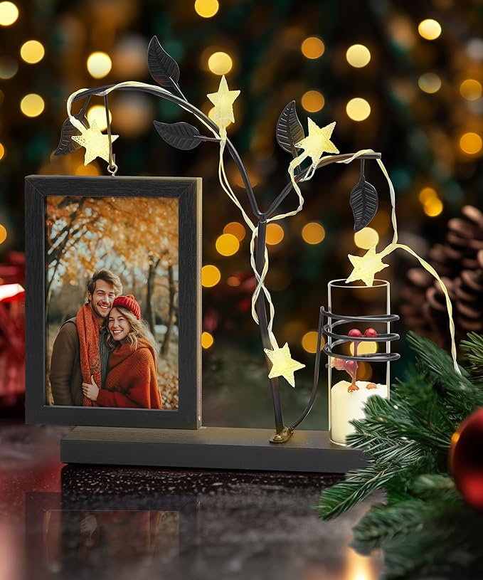 Afuly 4x6 Picture Frame Black with Metal Stand Glass Vase, Double Sided Glass Photo Frames, Wood Picture Frames Desk Modern Home Decor Anniversary wedding Gift for Couple Grandma Mom
