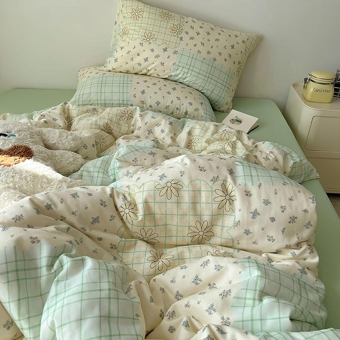 LifeTB Muslin Duvet Cover Queen Size 100% Cotton Botanical Floral Comforter Cover Aesthetic Flower Chic Plaid Desgin Cottagecore Bedding Set Breathable Soft Gauze Duvet Cover with 2 Pillowcases