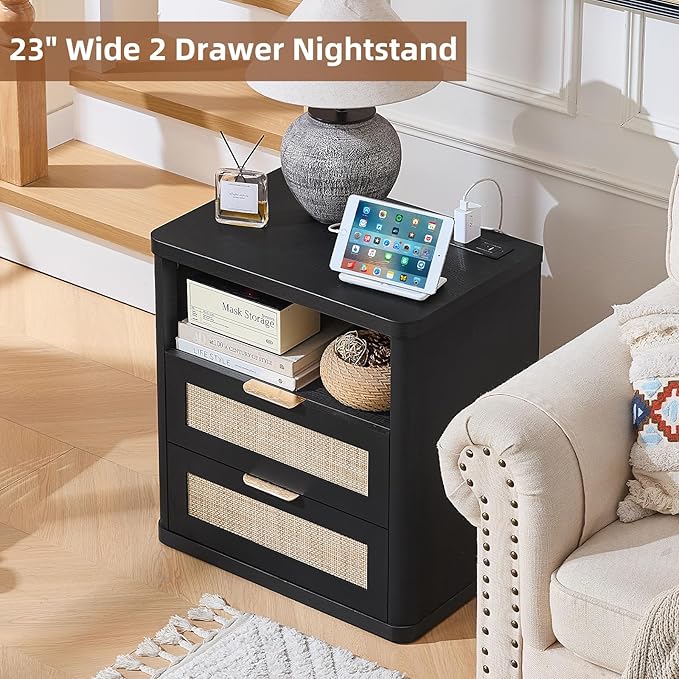 LEYAOYAO Rattan Nightstands with Charger Station, 23" Wide Boho Night Stand with 2 Drawers, Black Bedside Table Open Shlef, Bed Side End Table Dresser for Bedroom, Living Room Hallway