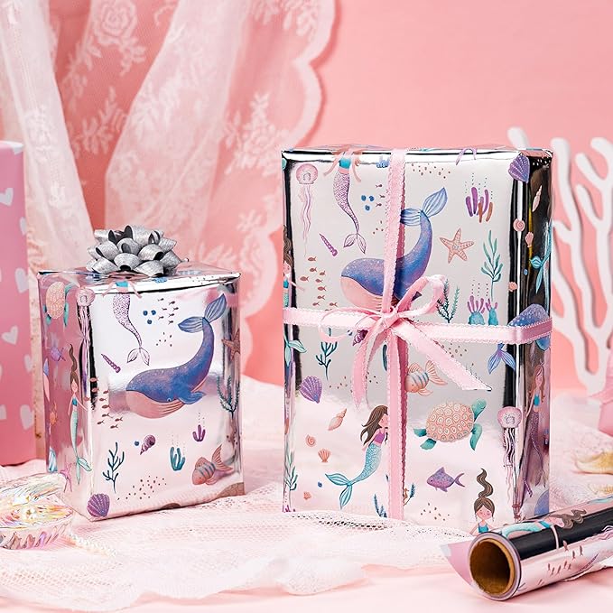 Homeral Mermaid Wrapping Paper Roll, Reversible Gift Wrap with Metallic Foil Whale, Turtle, Shell, Ocean Themed with Pink Heart for Girl Birthday, Baby Shower - Mini Roll - 17 Inch x 16.5 Feet