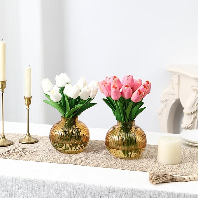 Round Glass Vases, Set of 2 Small Vases for Flowers, Amber Glass Vase for Tulips, Modern Vase for Living Room, Office, Coffee Table, Shelf, Wedding, 5 Inches