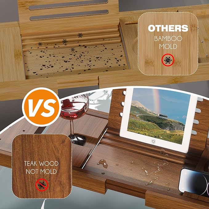 Expandable Solid Teak Wood Bathtub Caddy Tray, Adjustable Bath Tub Organizer for Bathroom Spa, Luxury Bath Accessories (Dark Natural Teak, Non‑Foldable Structure)
