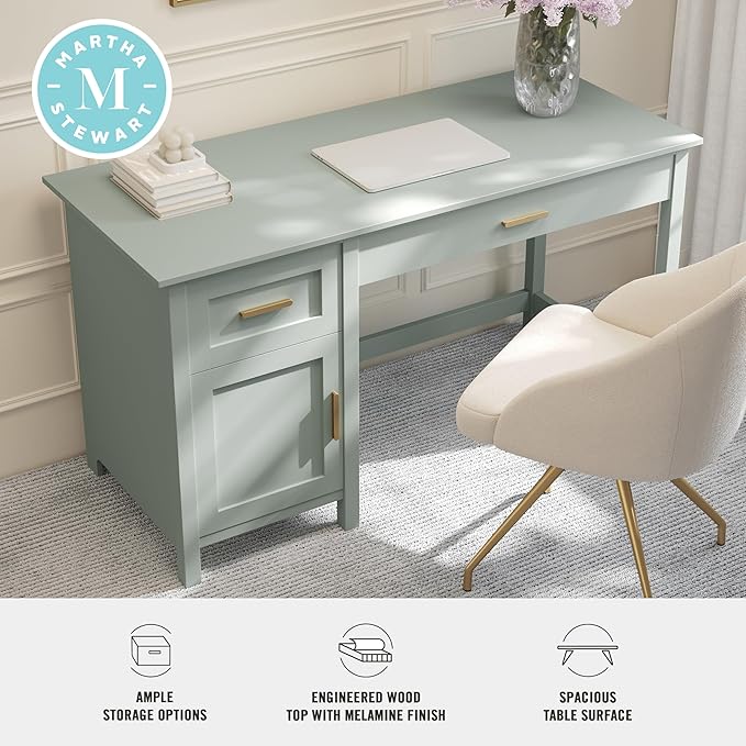 Martha Stewart Hutton Shaker Style Home Office Desk with Storage in Sage with Polished Brass Hardware