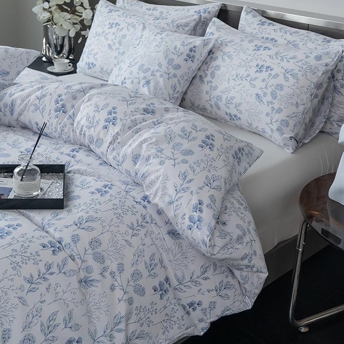 Floral Comforter Set Twin 2 Pieces Soft Bedding Comforter Set Garden Style Chic Blue Floral Print Botanical Flower Comforter for All Seasons 1 Comforter and 1 Pillowcases