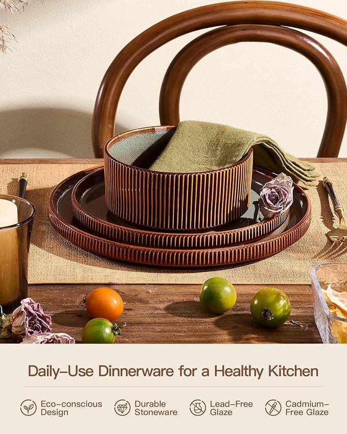 Stoneware Plates and Bowls Dishes Sets Service for 6 (18-Piece), Famiware Premium Handcrafted Reactive Glaze Dinnerware Set with Raised Rim, Scratch Resistant, Microwave Dishwasher Safe, Moss Cocoa