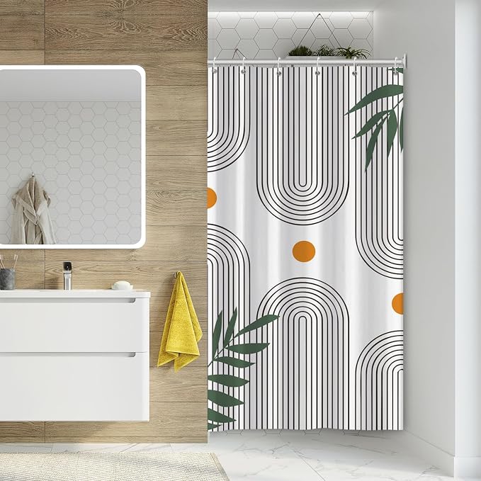 Boho Mid Century Shower Curtain Bohemian Minimalist Geometric Arch Sun Bathroom Curtain Sage Green Plant Polyester Shower Curtain Sets for Bathroom Extra Long 54x72 in with 10 Hooks