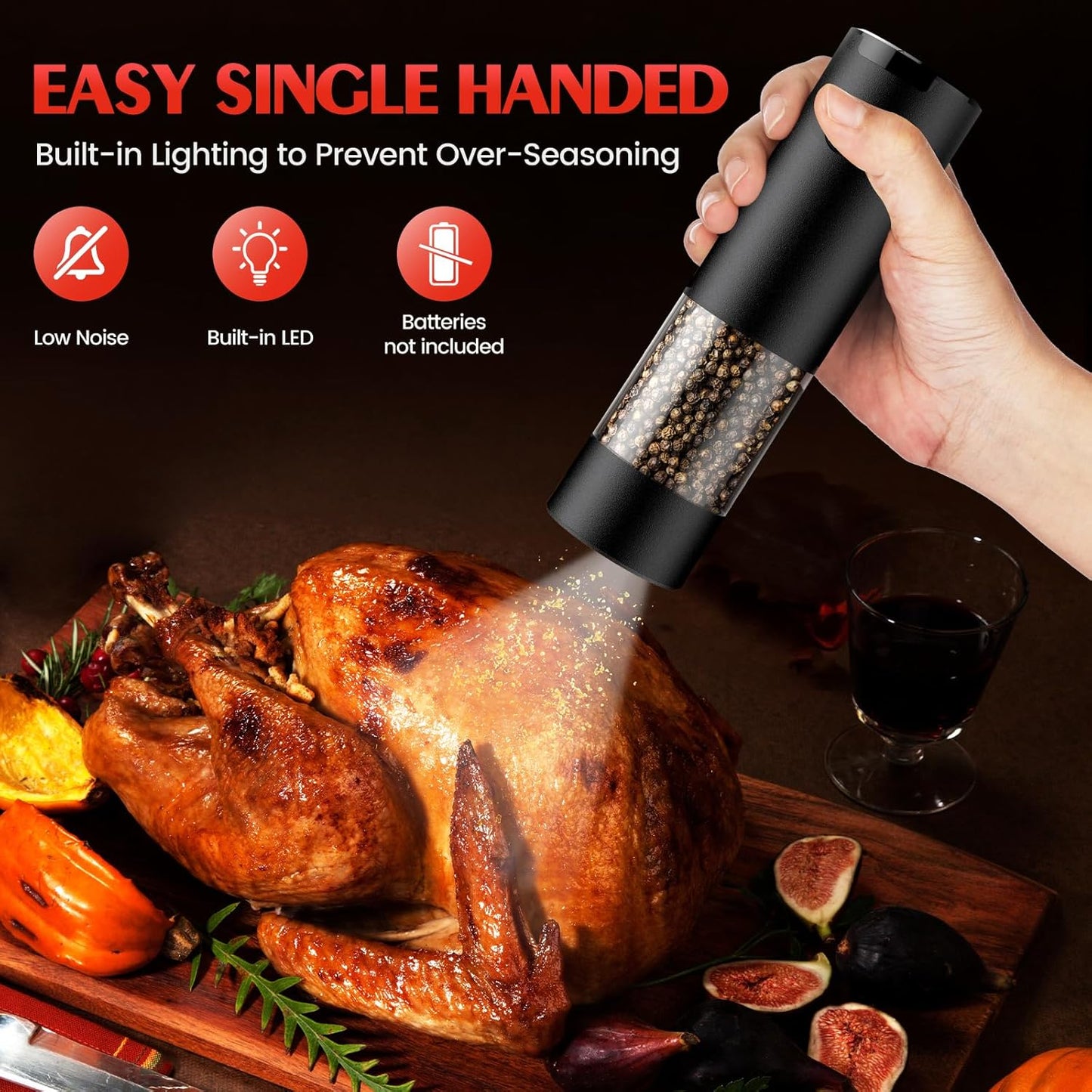 Skiennix Electric Salt and Pepper Grinder Set - Automatic Battery Mill with Adjustable Coarseness | Larger Capacity & LED
