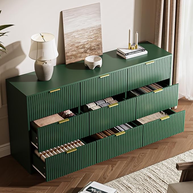 3-Piece Dresser Bedroom Set, 9 Drawer Dresser & 3 Drawer Nightstands with Gold Handles, Fluted Wood Chest of Drawers for Bedroom, Living Room, Entryway, Green