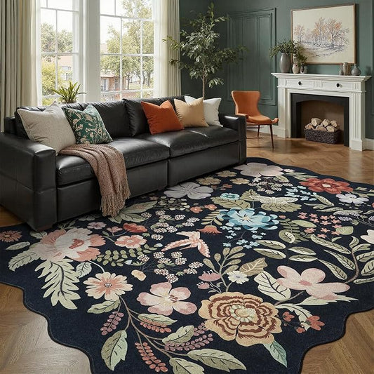 DCX Black Floral Rug 8x10, Washable Black Rug for Living Room, Kid & Pet Friendly with Rubber Back Non Slip, Soft Low Pile Carpet, Stain Resistant Rug for Bedroom, Nursery, Dining Room