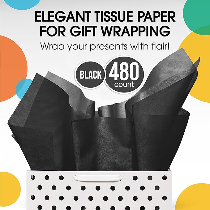 Party Solids Black Tissue Paper for Gift Bags - 15" X 20" Bulk Tissue Paper Black 480 Sheets - 10lb Newsprint for Packing, Birthday Gift Box Filler, Packing Supplies for Moving Supplies