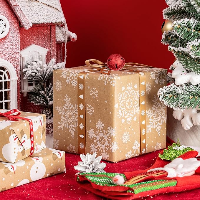 MAYPLUSS Kraft Christmas Wrapping Paper Roll - Mini Roll - 17 in X 120 in Per roll - White Snowman, Let it Snow Design Snowflake for XMAS,Party Birthday gift wrap (42.3 sq.ft.ttl)