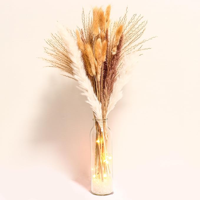 60PCS of Boho Pampas Grass in Glass Vase with LED Lights & Faux Crystals, Naturally Dried Pompas, Bunny Tails Dried Flowers,Perfect for Weddings, Farmhouse Boho Wall Bathroom Office Kitchen Decor
