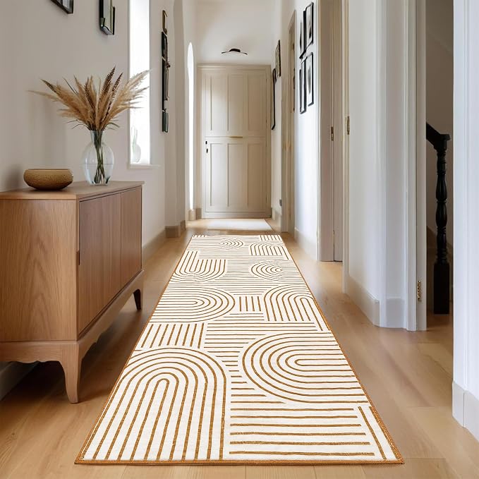 Washable 2x6 Abstract Lines Runner Rug Non Slip Kitchen Rugs Non Shedding Bedside Long Rug Low Pile Soft Entryway Rug Modern Rainbow Runner Rug for Porch Laundry Room Dining Table Under, Orange