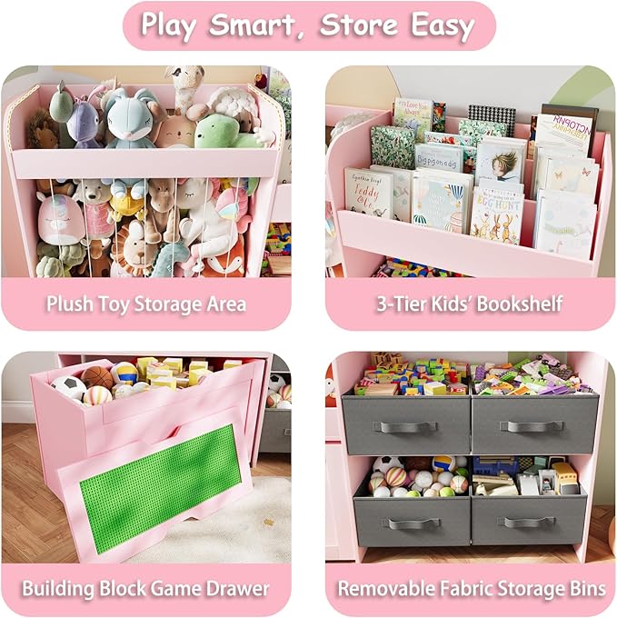 Toy Storage Organizer with Stuffed Animal Storage - Kids Bookshelf with 4 Removable Bins and 1 Movable Toy Storage Bin, 3-Tier Bookshelf with Building Block Play Table for Kids Room Playroom (Pink)