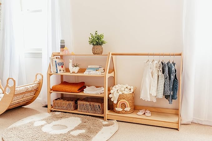 WOOD&ROOM Montessori Corner Shelf - 3 Tier Wooden Kids Bookshelf for Toddlers, Book Storage for Classroom, Toy Shelf Organizer, Small Bookshelf for Kids Room, Nursery Montessori Furniture