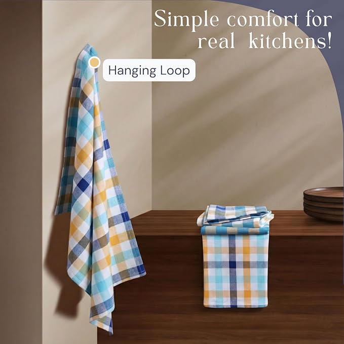 Check Dish Towels 4 Pack, 18"x26", Absorbent Hand Towels for Kitchen Use, Quick Dry Cloths, Durable Washable Rags, Reusable Dishcloth Set - Indigo Blue, Mustard Yellow, Aqua Blue