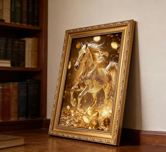 Vintage Gold Framed Gold Horse wall art Golden Money and Horse Wall Decor Wealth and Horses print artwork for office Business People Living Room home decor 9X11in