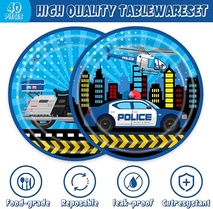 40Pcs Police Birthday Party Decorations Blue Disposable Birthday Plates and Napkins Set Supplies for Police Party Favors Police Party Decorations