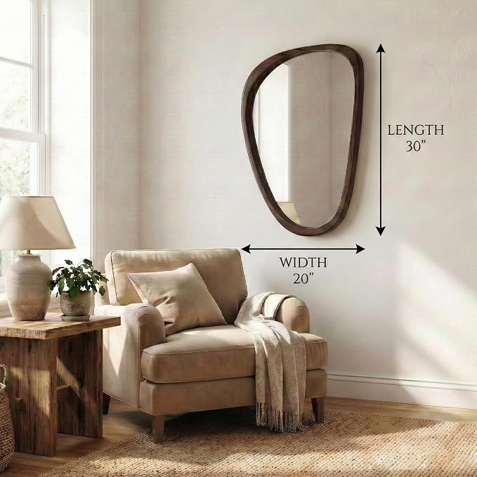 Solid Wood 30"x20" Irregular Asymmetrical Wall Mirror, Japandi Boho Mid-Century Modern Decorative Accent Mirror, Small Organic Shaped Wooden Wall-Mounted Mirror, Dark Walnut