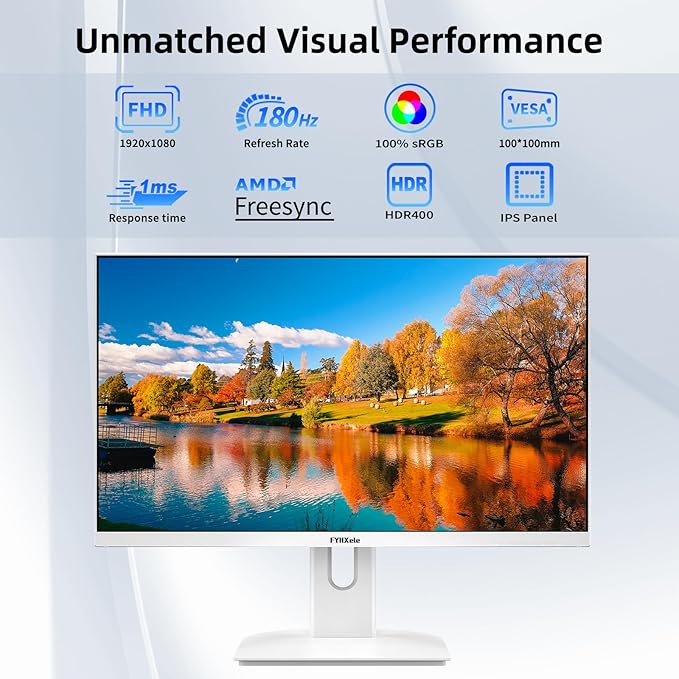 27” White Monitor, FHD (1920x1080P) 180Hz 100% sRG Computer Monitors，IPS Panel, 3Sides Frameless, Flicker-Less,Blue Light Filter, for Office & Gaming (DP,HDMI)