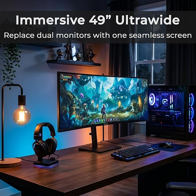 Deco Gear 49" Curved Ultrawide DQHD Monitor, 5120×1440 165Hz 1500R, USB-C 65W KVM, HDR Adaptive Sync, Dual HDMI 2.1, DP 1.4, Speakers, Ergonomic, American Seller