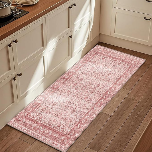 OPPODREAM Vintage Pink 2x6 Runner Rug, 2 x 6 Retro Washable Rug Non Slip, Low-Pile Faux Wool Carpet, Distressed Floor Mat for Kitchen, Hallway, Entry-Way, Entrance, Indoor Back Door