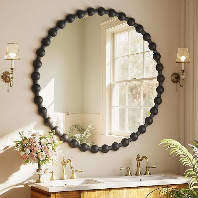 Easly Round Mirror for Wall, 36 Inch Black Beaded Frame Decorative Vanity Mirror, Circle Bathroom Mirror with High-Definition Lense, Modern Wall Decor for Bathroom, Living Room, Bedroom, Entryway
