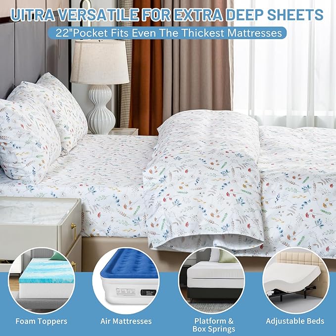 Bedlifes Queen Size Extra Deep Pocket Sheet Sets - Fits Mattresses Up to 18-24" Thick, 4-Piece Microfiber Set with 1800 Thread Count, Soft, Smooth, Breathable, Featuring White Floral
