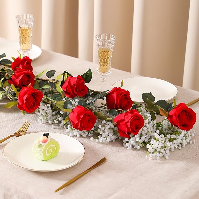 Kisflower 8 Pcs Red Roses Artificial Flowers with Stems Silk Roses Fake Rose Realistic Flower Bouquet for Wedding Party Office Home Decor (Red)