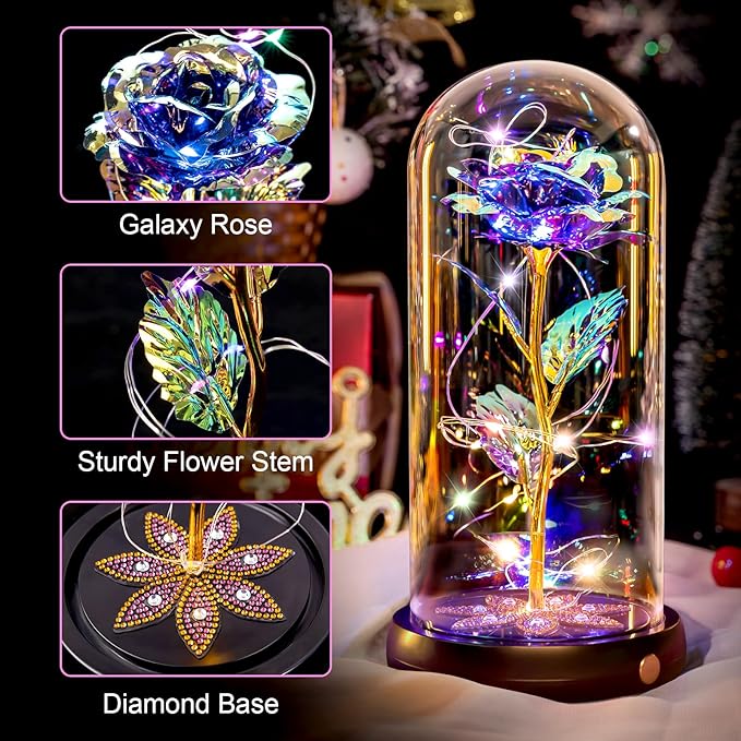 Beferr Birthday Gifts for Women Mom Rechargeable Galaxy Glass Roses Forever Preserved Flowers for Delivery Prime Smart Touch Light Up Rose in Dome Gift for Grandma Sister Wife Her Girlfriends Daughter