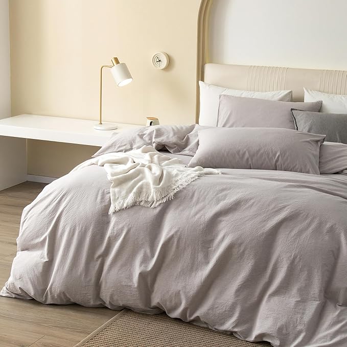 JIYUAN 100% Washed Cotton Duvet Cover Set 3 Pieces Full, 1 Duvet Cover 80x90 Inches(Comforter Not Included) and 2 Pillowcases,Linen Feel Bedding Set Comfy and Breathable, Heathered Linen