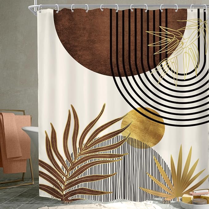 KOMLLEX Mid Century Brown Boho Shower Curtain for Bathroom Decor 72Wx84H Inches Abstract Modern Beige Gold Minimalist Bohemian Geometric Simple Fabric Waterproof Polyester 12 Pack Hooks Pack Hooks