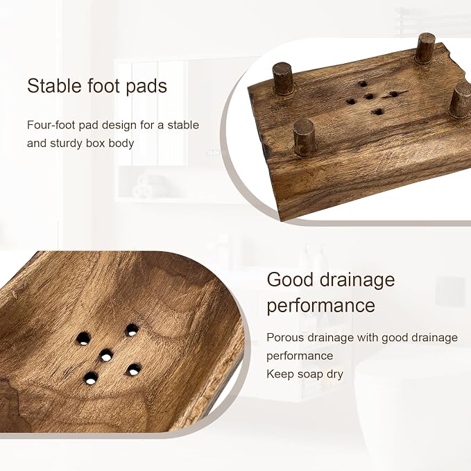 Natural Teak Wood Soap Holder, Automatic Draining Soap Tray with Drain Holes, Handmade Rustic Soap Dish & Countertop Soap Saver Stand for Bathroom and Kitchen