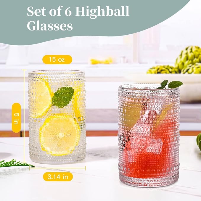 Vintage Hobnail Drinking Glasses Set of 6,15 oz Highball Glasses,Water Glasses Cups,Kitchen Glasses for Cocktail,Iced Coffee,Beer,Ice Tea,Wine,Whiskey,Water
