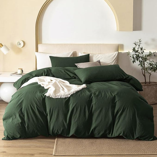 JIYUAN 100% Washed Cotton Duvet Cover Set 3 Pieces Super King, 1 Duvet Cover 108x98 Inches(Comforter Not Included) and 2 Pillowcases,Linen Feel Bedding Set Comfy and Breathable,Forest Green