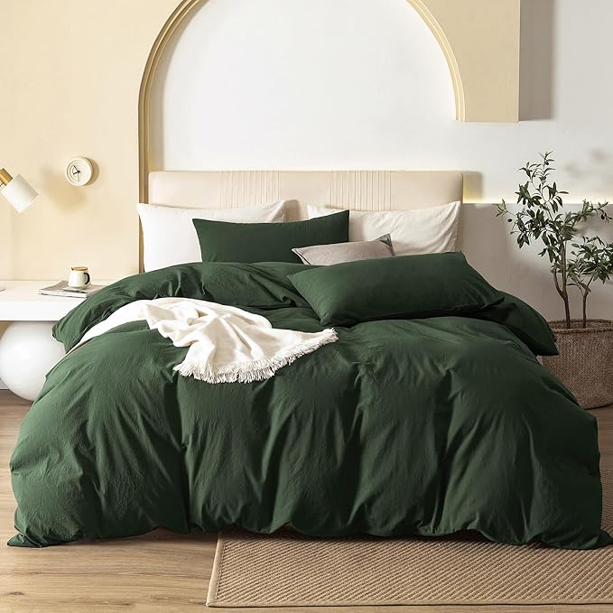 JIYUAN 100% Washed Cotton Duvet Cover Set 3 Pieces Oversized Queen, 1 Duvet Cover 98x98 Inches(Comforter Not Included) and 2 Pillowcases,Linen Feel Bedding Set Comfy and Breathable,Forest Green